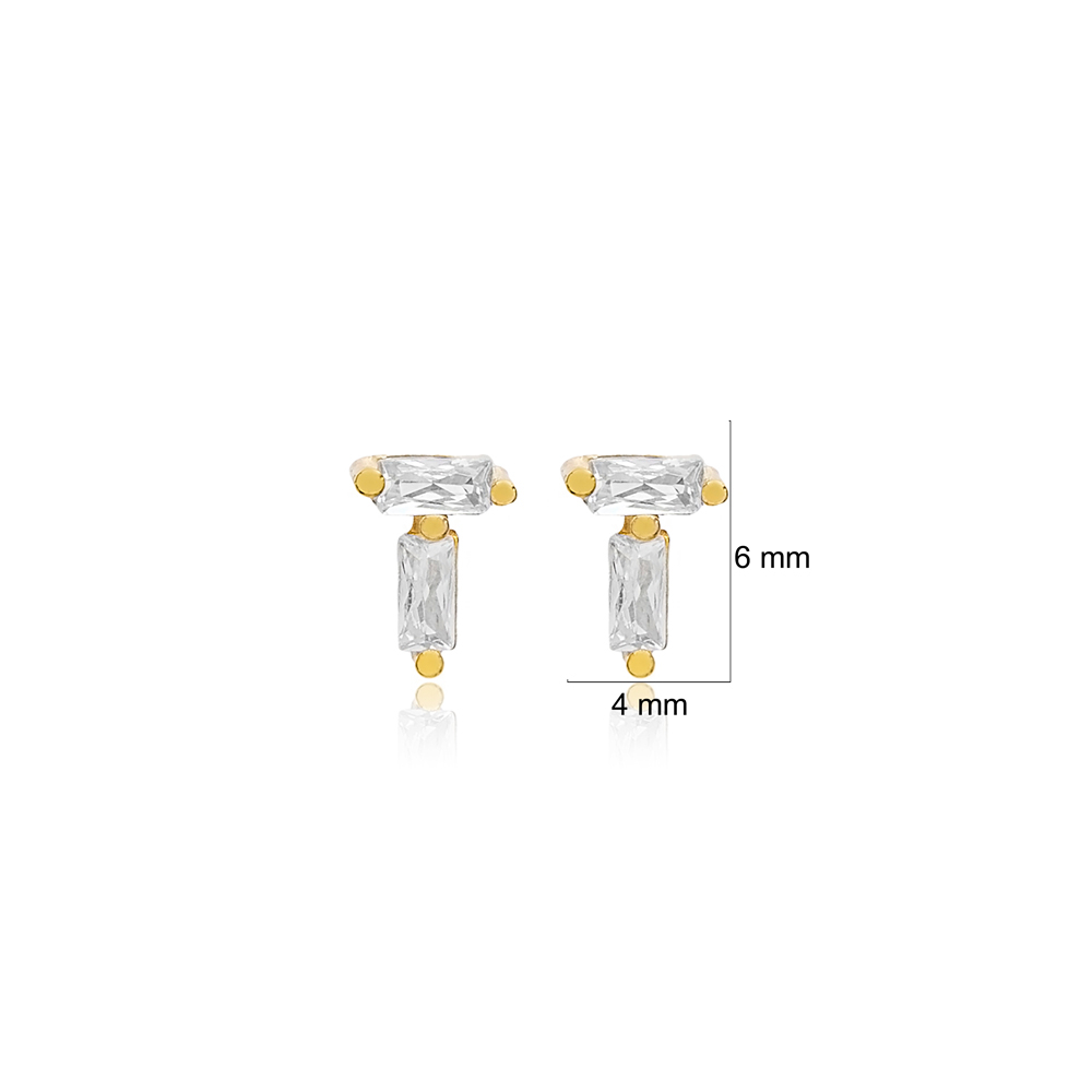 Cute Baguette Zircon Stone Women Stud Earrings 925 Sterling Silver Jewelry