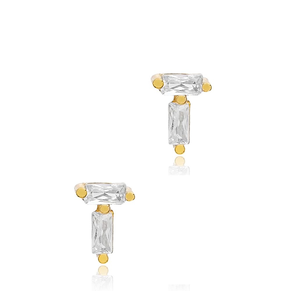 Cute Baguette Zircon Stone Women Stud Earrings 925 Sterling Silver Jewelry