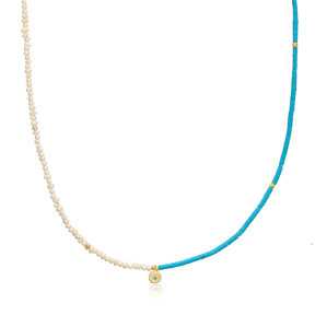 Turquoise Bead Square Evil Eye Charm Double Colour Necklace Wholesale 925 Sterling Silver Jewelry