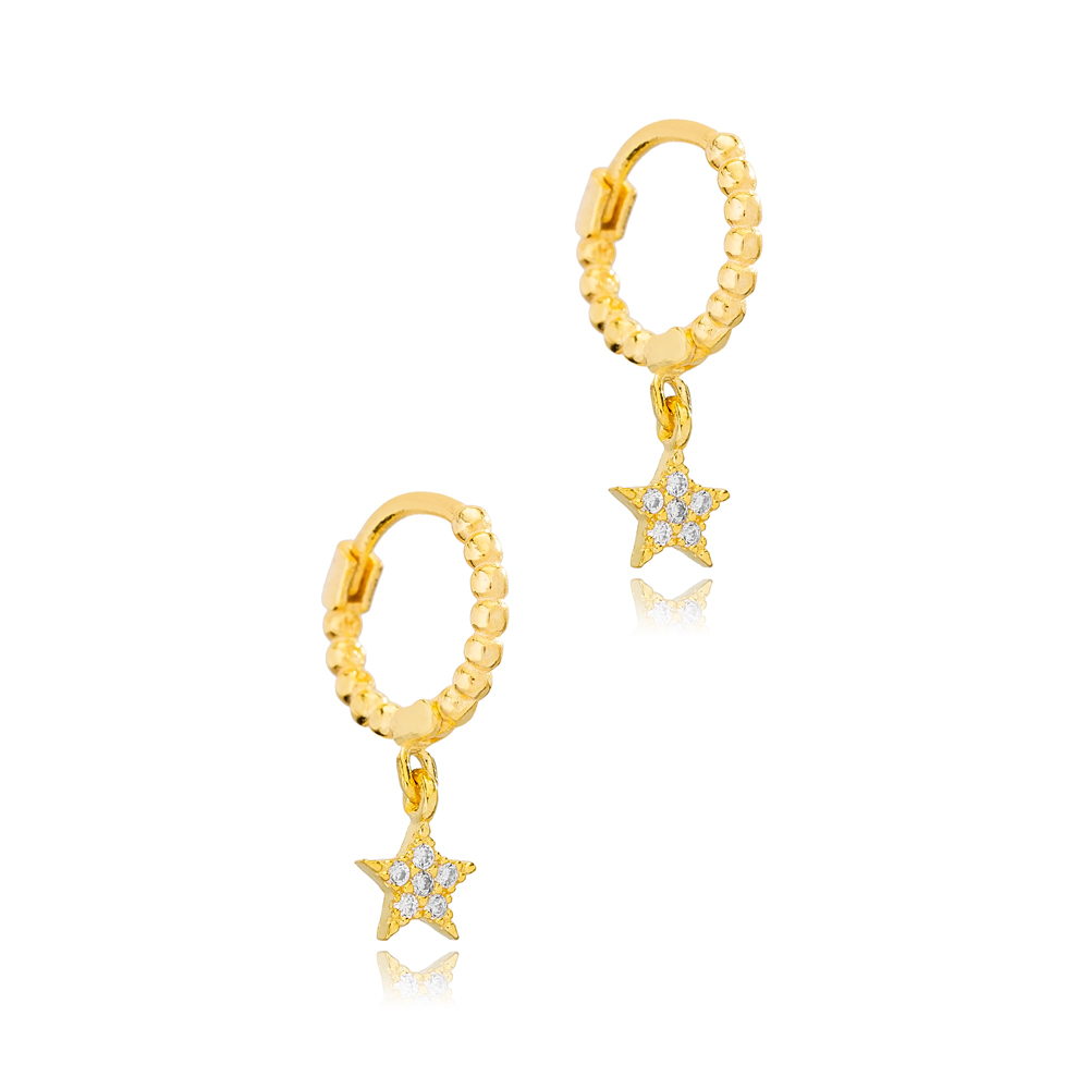 Star Design Dangle Earrings Minimalist Ball Hoop Women 925 Sterling Silver Jewelry
