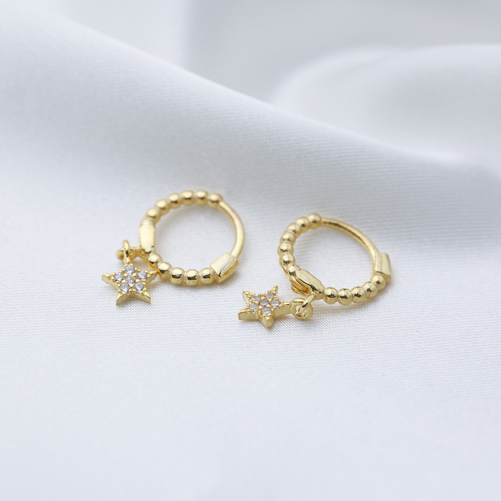 Star Design Dangle Earrings Minimalist Ball Hoop Women 925 Sterling Silver Jewelry