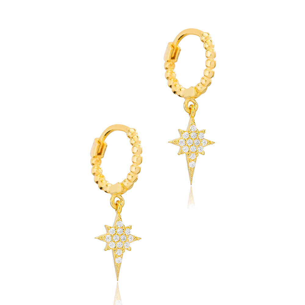 North Star Shape Dangle Earrings Trendy Ball Hoop Women 925 Sterling Silver Jewelry