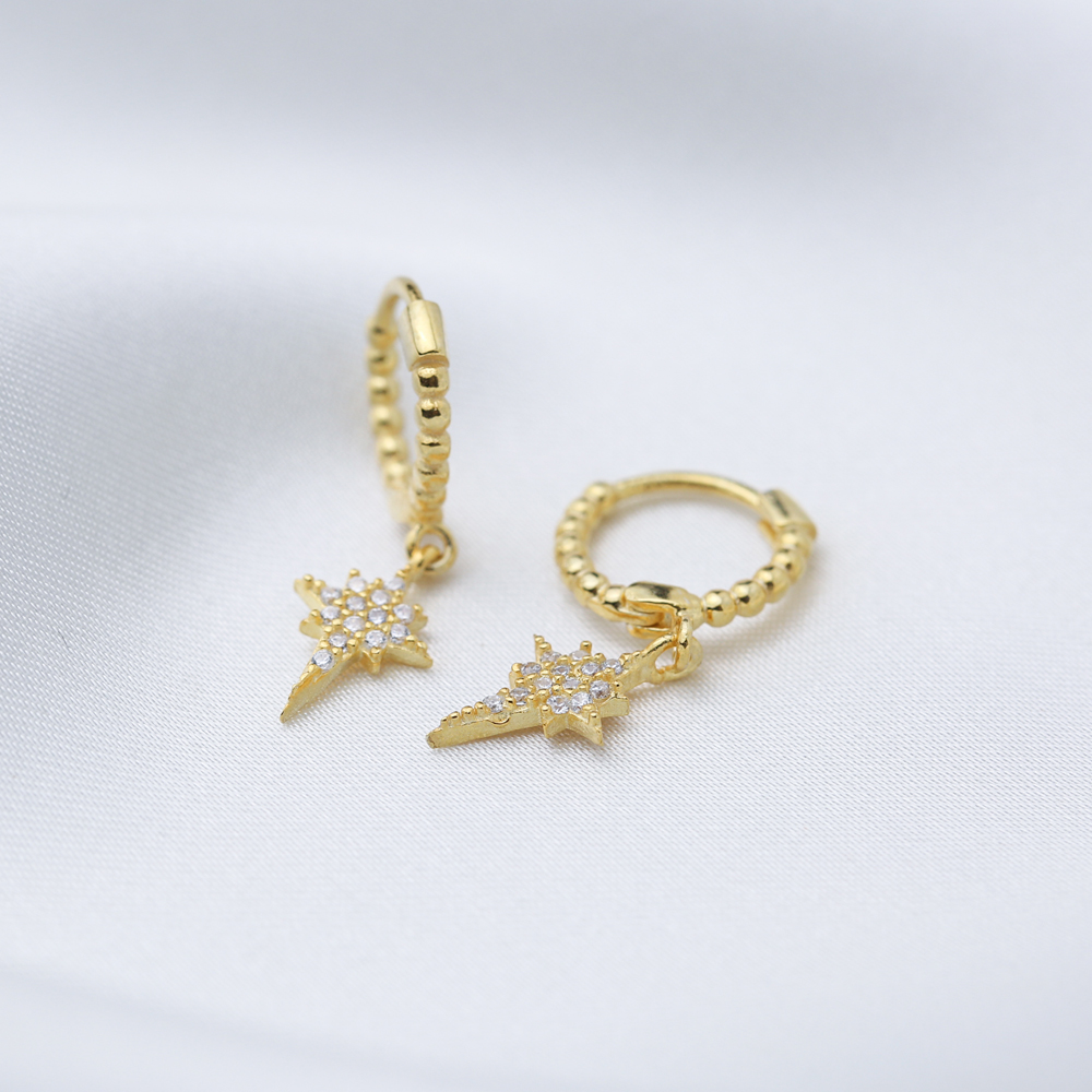 North Star Shape Dangle Earrings Trendy Ball Hoop Women 925 Sterling Silver Jewelry
