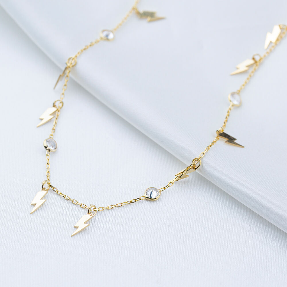 Lightning Design Shaker Zircon Stone Dainty Women Long Chain Necklaces 925 Sterling Silver Jewelry