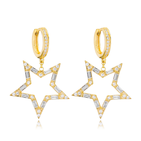 Dainty Star Baguette Stone Hoop Dangle Earrings 925 Sterling Silver Jewelry