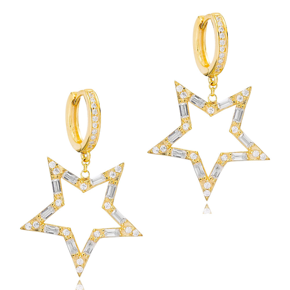 Dainty Star Baguette Stone Hoop Dangle Earrings 925 Sterling Silver Jewelry