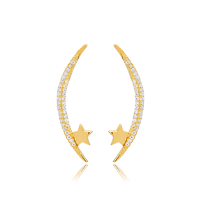 Moon and Star Shape Zircon Stone Stud Earrings Turkish 925 Sterling Silver Jewelry