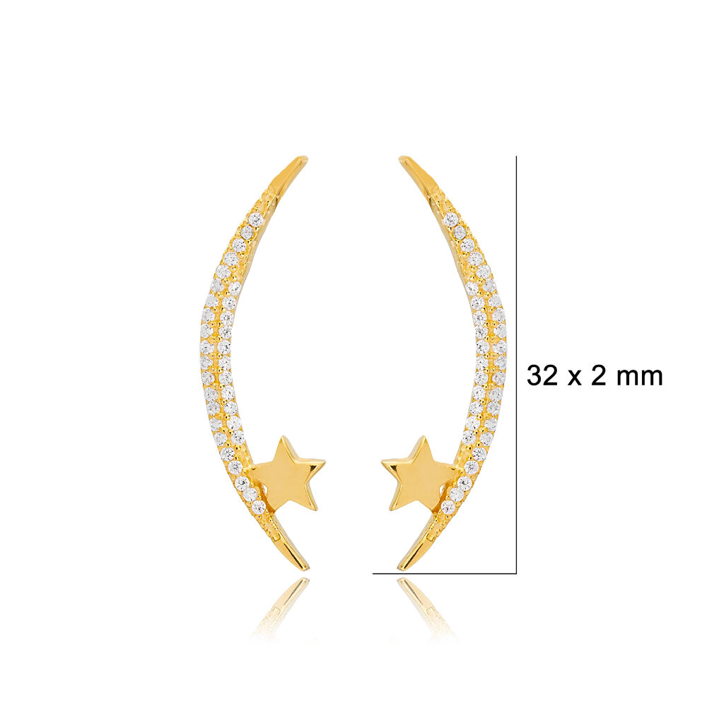 Moon and Star Shape Zircon Stone Stud Earrings Turkish 925 Sterling Silver Jewelry