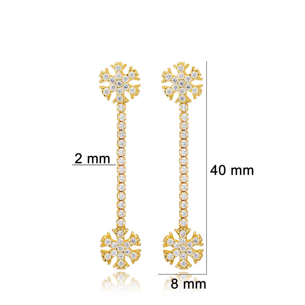 Snowflake Design with Tennis Chain Long Stud Earrings 925 Sterling Silver Jewelry