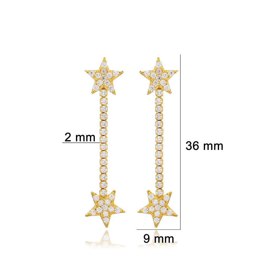 Star Design with Tennis Chain Long Stud Earrings 925 Sterling Silver Jewelry