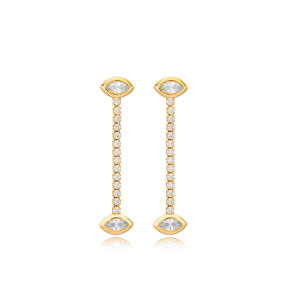 Evil Eye Design with Tennis Chain Long Stud Earrings 925 Sterling Silver Jewelry