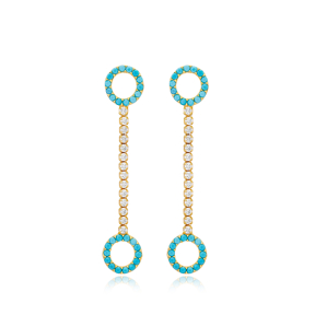 Turquoise Stone Round Design with Tennis Chain Long Stud Earrings 925 Sterling Silver Jewelry