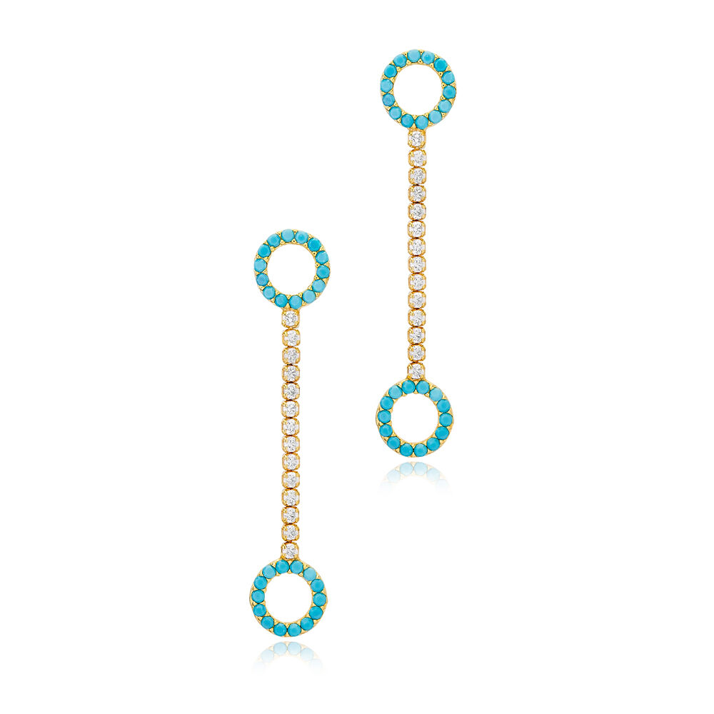 Turquoise Stone Round Design with Tennis Chain Long Stud Earrings 925 Sterling Silver Jewelry