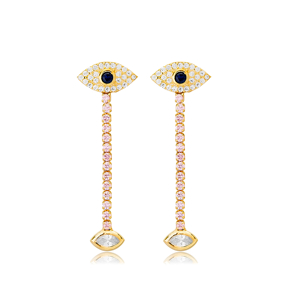 Turkish Evil Eye Design with Tennis Chain Long Stud Earrings 925 Sterling Silver Jewelry