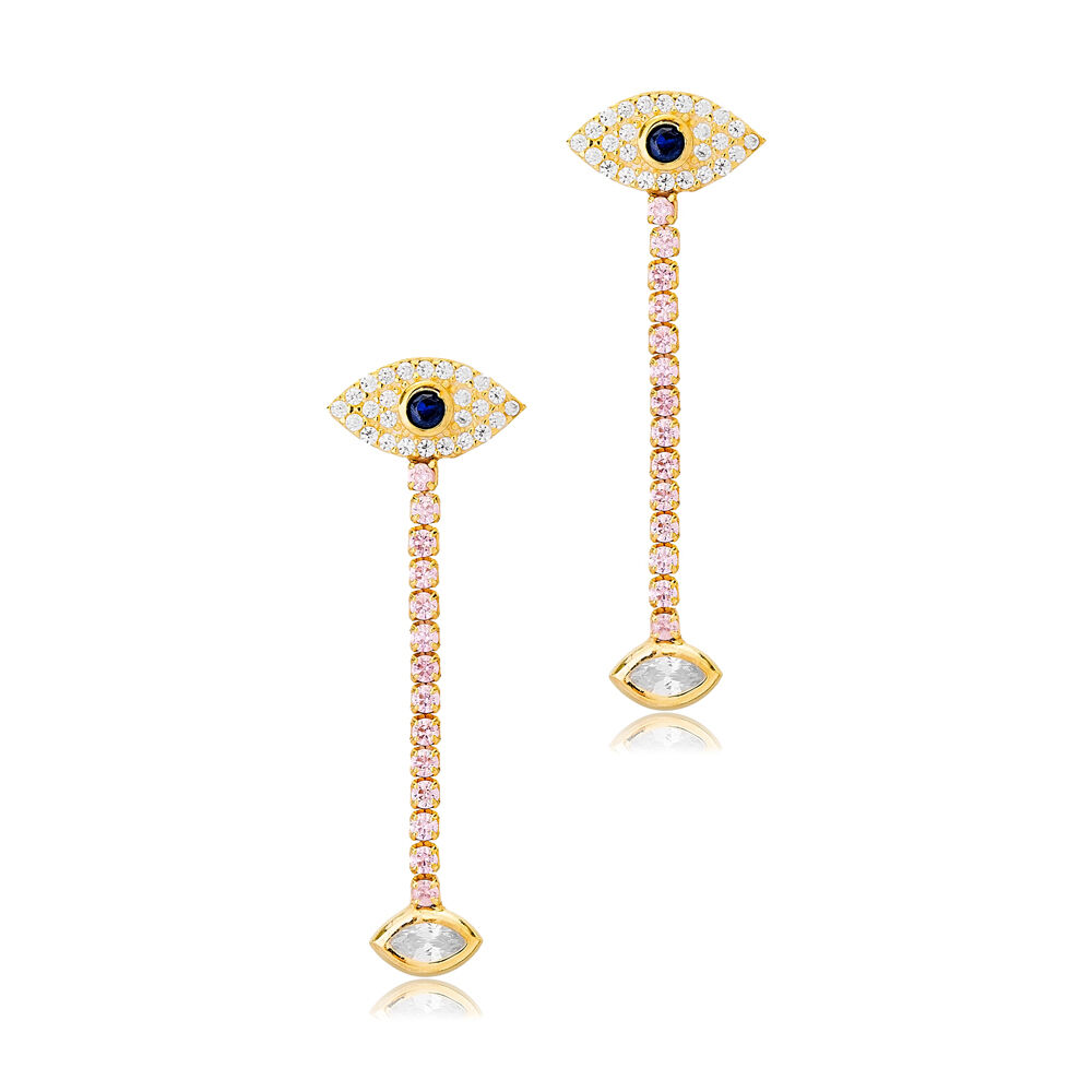 Turkish Evil Eye Design with Tennis Chain Long Stud Earrings 925 Sterling Silver Jewelry