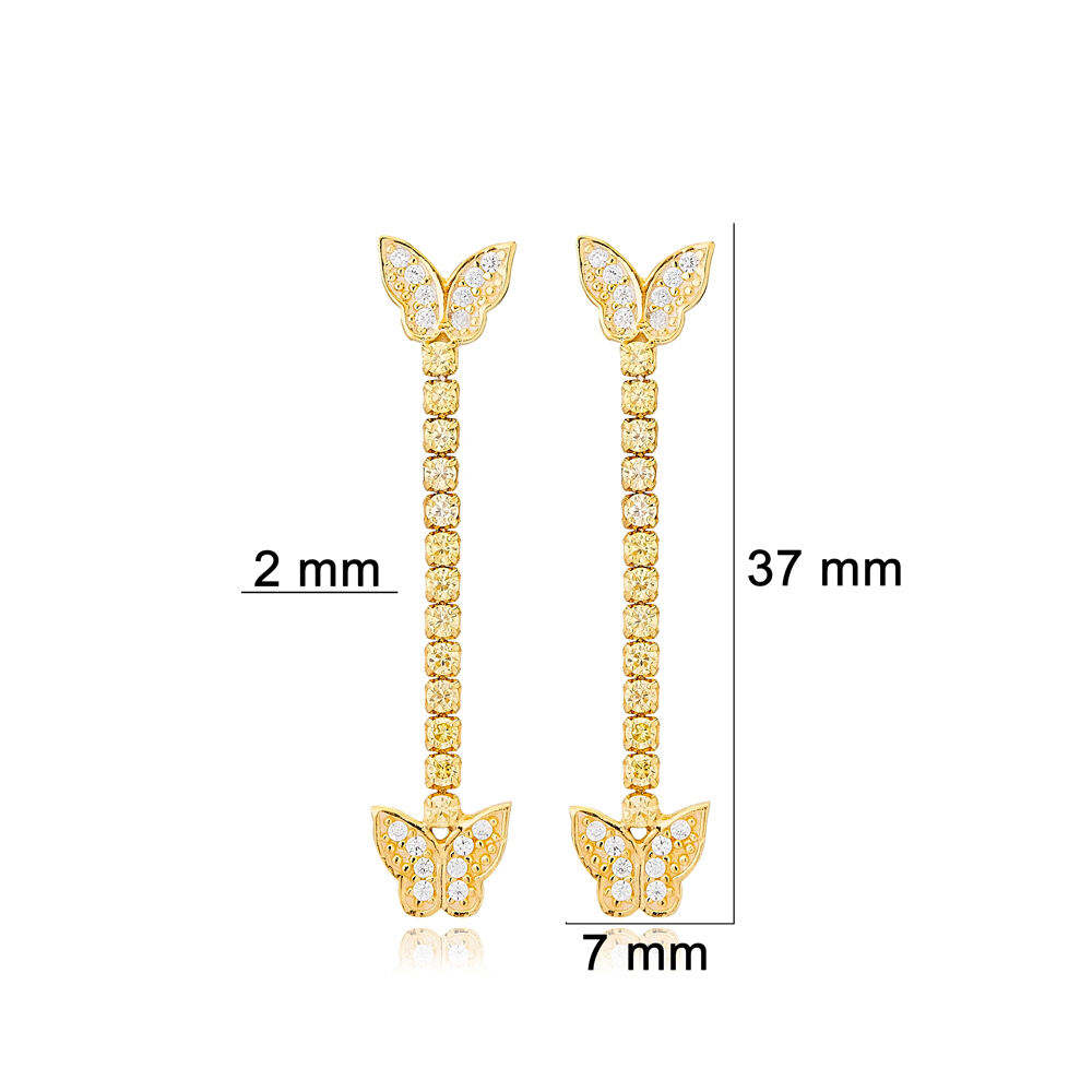 Butterfly Design with Tennis Chain Long Stud Earrings 925 Sterling Silver Jewelry