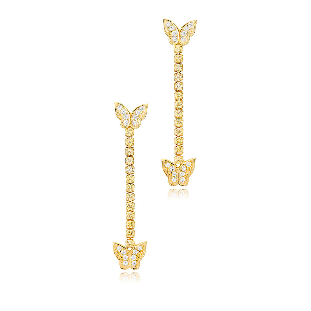 Butterfly Design with Tennis Chain Long Stud Earrings 925 Sterling Silver Jewelry
