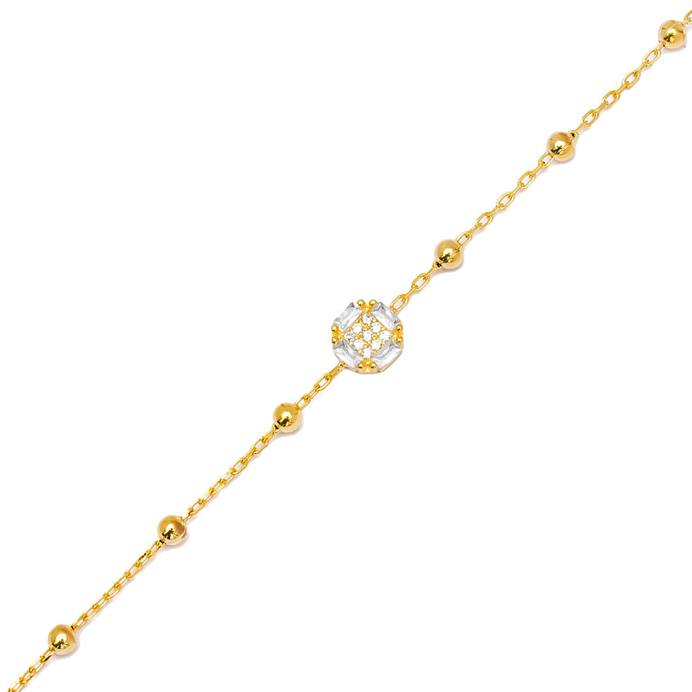 Round Shape Shiny Zircon Stone Ball Chain Charm Bracelet 925 Sterling Silver Jewelry