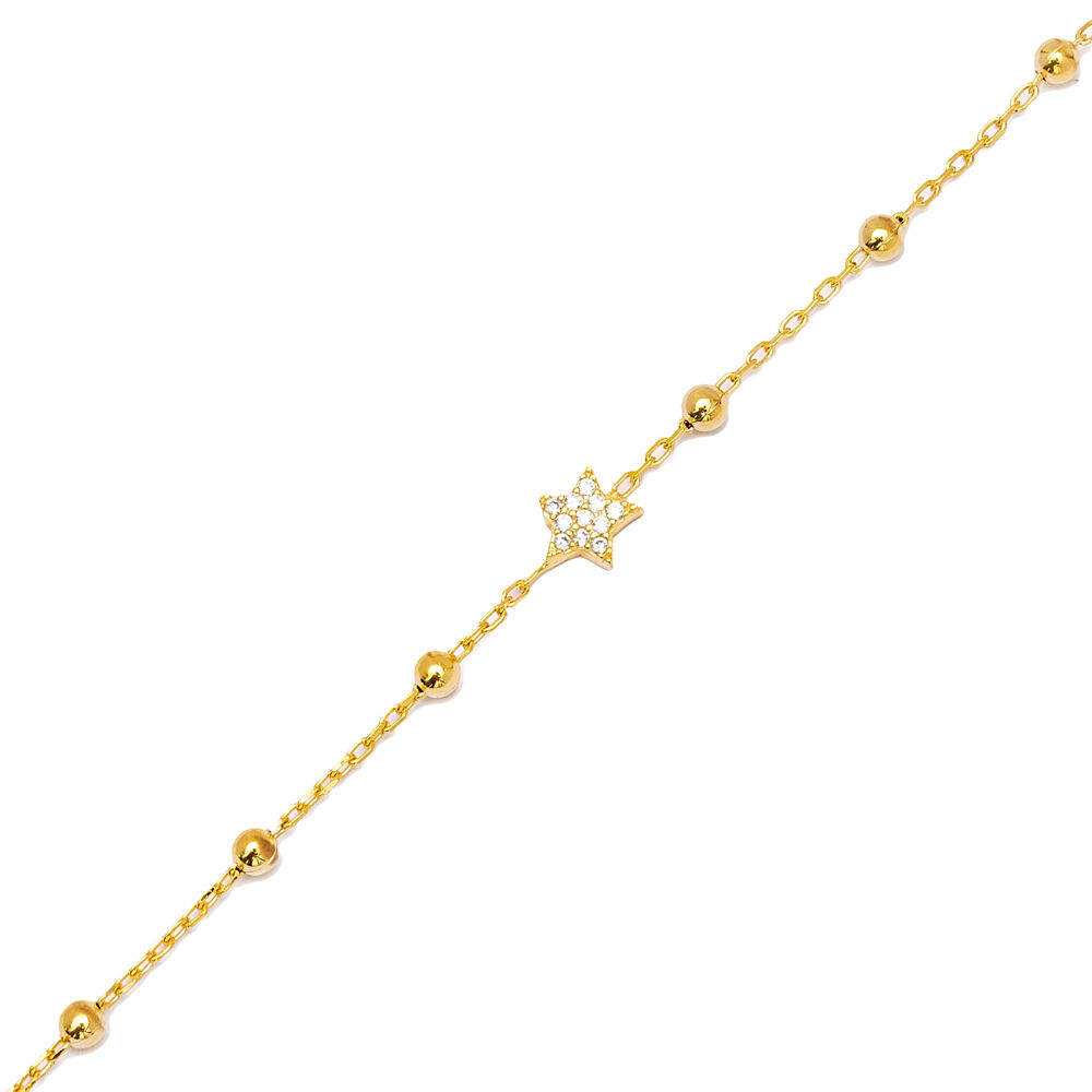Star Shape Clear Zircon Stone Ball Chain Charm Bracelet 925 Sterling Silver Jewelry