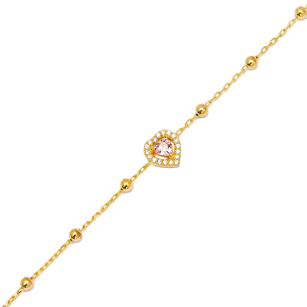 Cute Pink Zircon Stone Heart Cut Ball Chain Charm Bracelet 925 Sterling Silver Jewelry