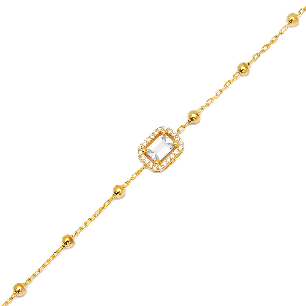 Rectangle Geometric Cut Clear Zircon Stone Ball Chain Charm Bracelet 925 Sterling