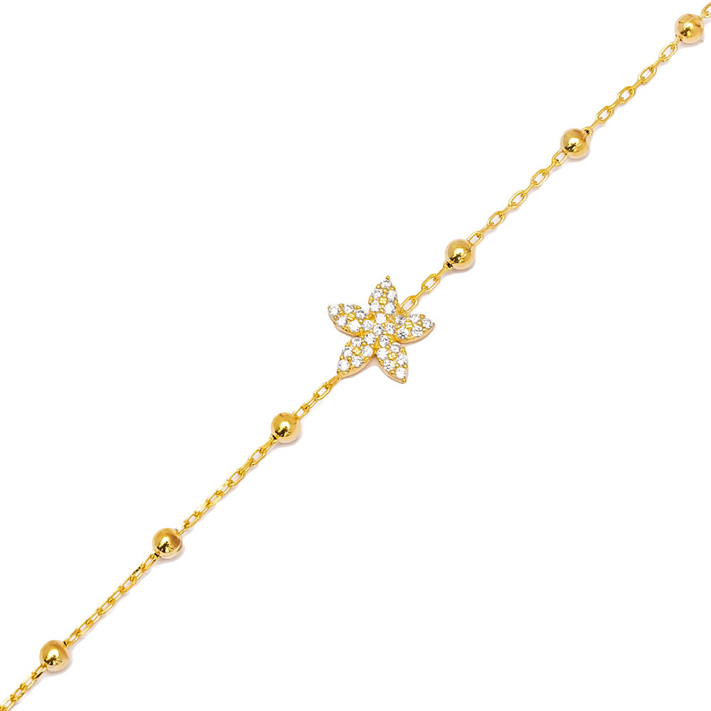 Flower Shape Clear Zircon Stone Ball Chain Charm Bracelet 925 Sterling Silver Jewelry