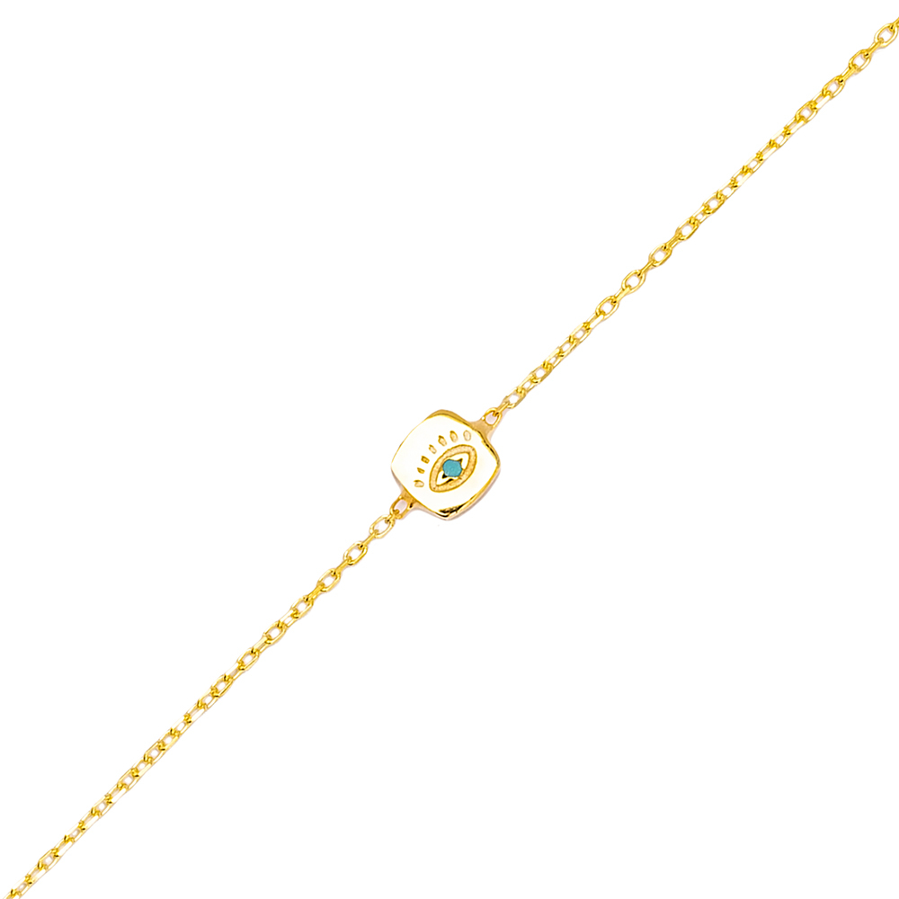 Evil Eye Design Turquoise Stone Square Women Charm Bracelet 925 Silver Sterling Jewelry
