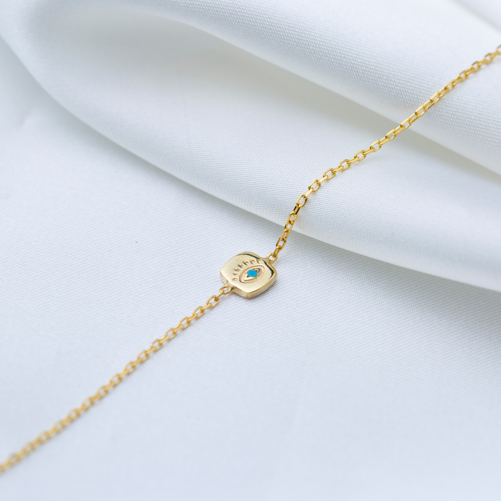 Evil Eye Design Turquoise Stone Square Women Charm Bracelet 925 Silver Sterling Jewelry