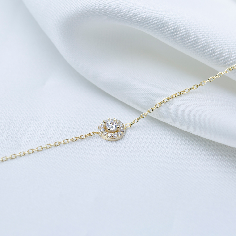 Round Shape Design Clear Zircon Stone Women Charm Bracelet 925 Sterling Silver Jewelry