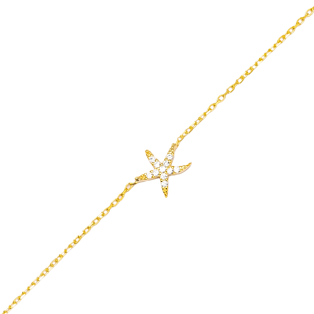 Starfish Design Clear Zircon Stone Women Charm Bracelet 925 Sterling Silver Jewelry