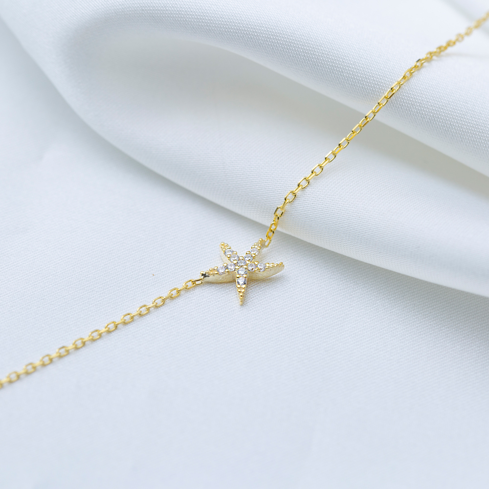 Starfish Design Clear Zircon Stone Women Charm Bracelet 925 Sterling Silver Jewelry