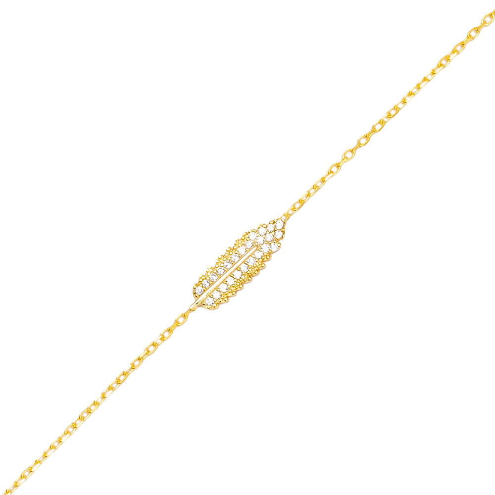 Feather Design Clear Zircon Stone Women Charm Bracelet 925 Sterling Silver Jewelry