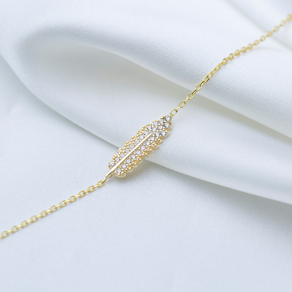 Feather Design Clear Zircon Stone Women Charm Bracelet 925 Sterling Silver Jewelry