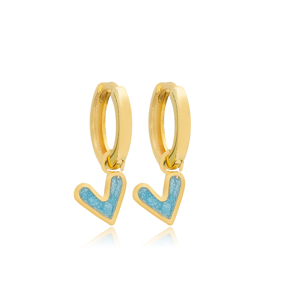Heart Design Double Sided Shiny Blue Enamel and Clear Zircon Stone Dangle Earrings 925 Sterling