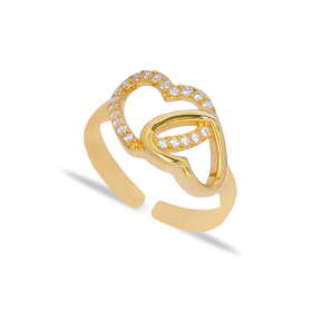 Intertwined Heart Design Zircon and Plain Adjustable Ring Turkish Women 925 Sterling Silver Jewelry