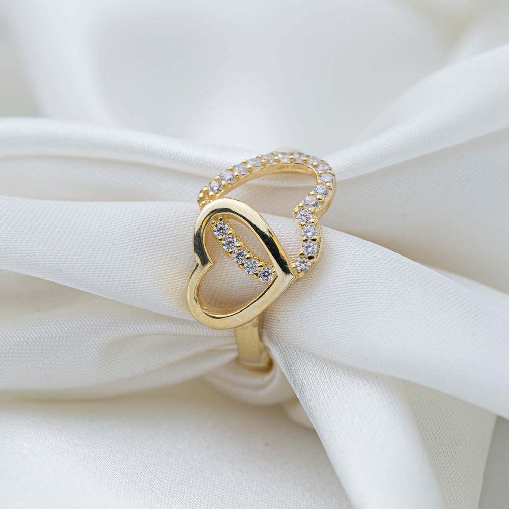 Intertwined Heart Zircon and Plain Adjustable Ring Turkish Women 925 Sterling Silver Jewelry