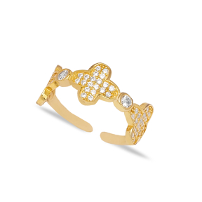 Four Leaf Clover Design Zircon Stone Adjustable Ring Handmade 925 Sterling Silver Jewelry