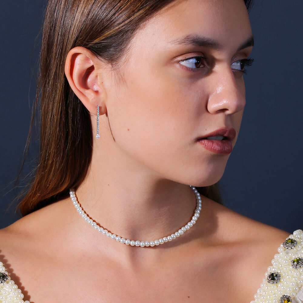 Shiny Zircon Stone Dainty Design Pearl Stud Long Earrings Wholesale 925 Sterling Silver Jewelry