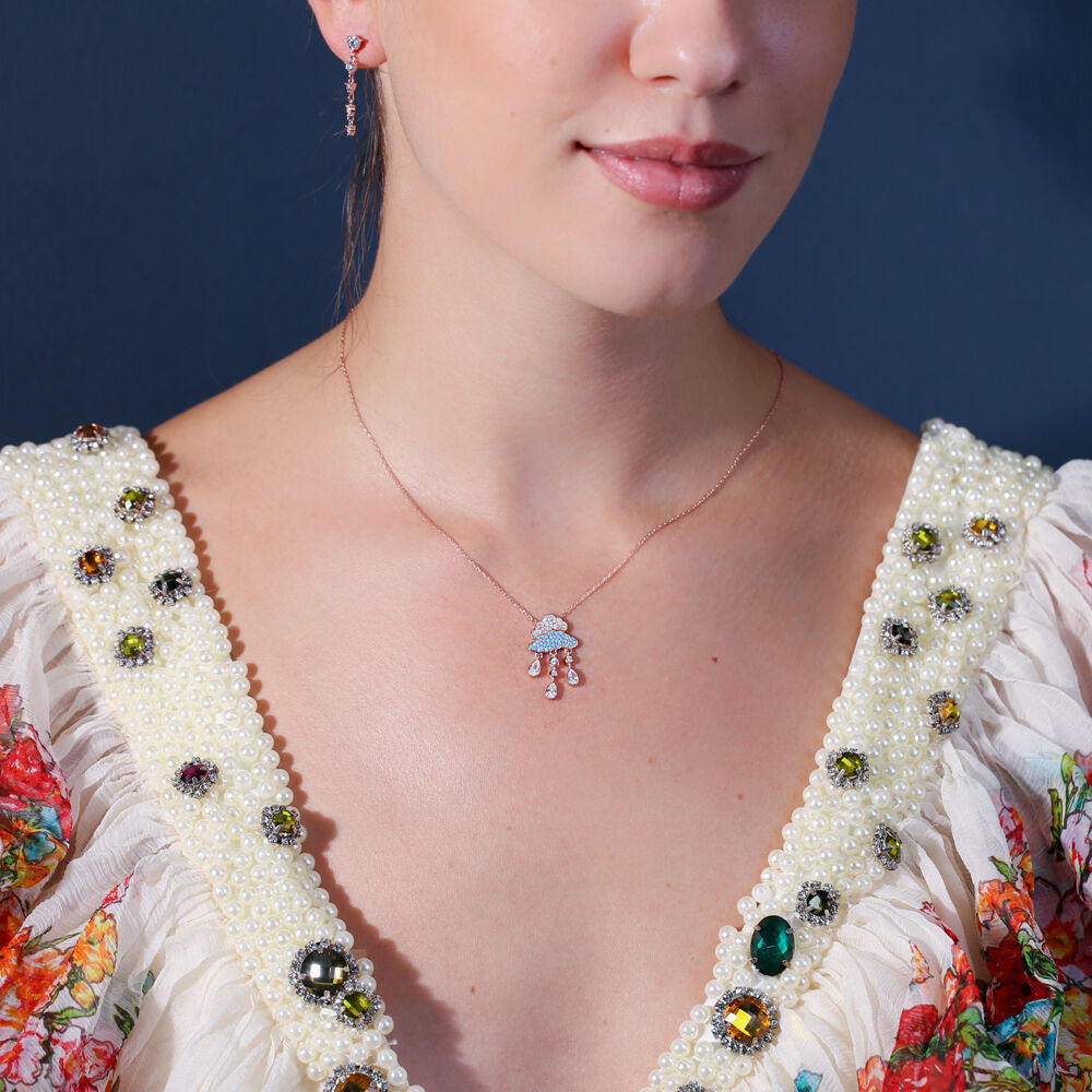 Elegant Cloud Charm Teardrop Turquoise Zircon Stone Charm Pendant Necklace 925 Sterling Silver Jewelry
