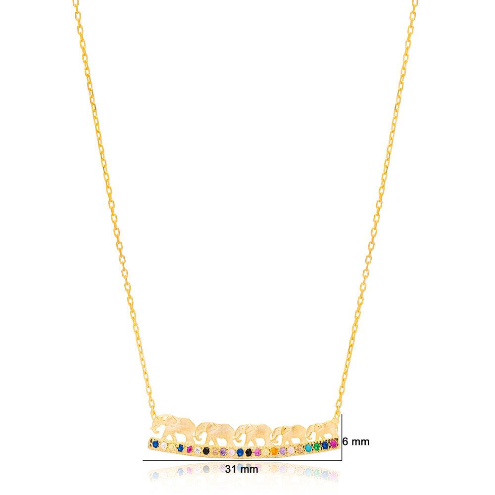 Rainbow Mix Stone Elephant Animal Charm Necklace Pendant 925 Sterling Silver Jewelry
