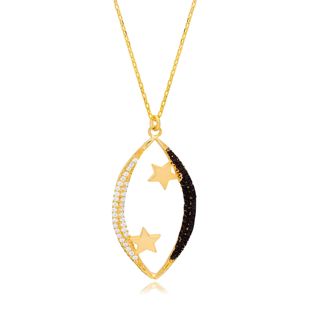 Clear and Black Zircon Stone Moon and Star Charm Necklace Turkish 925 Sterling Silver Jewelry