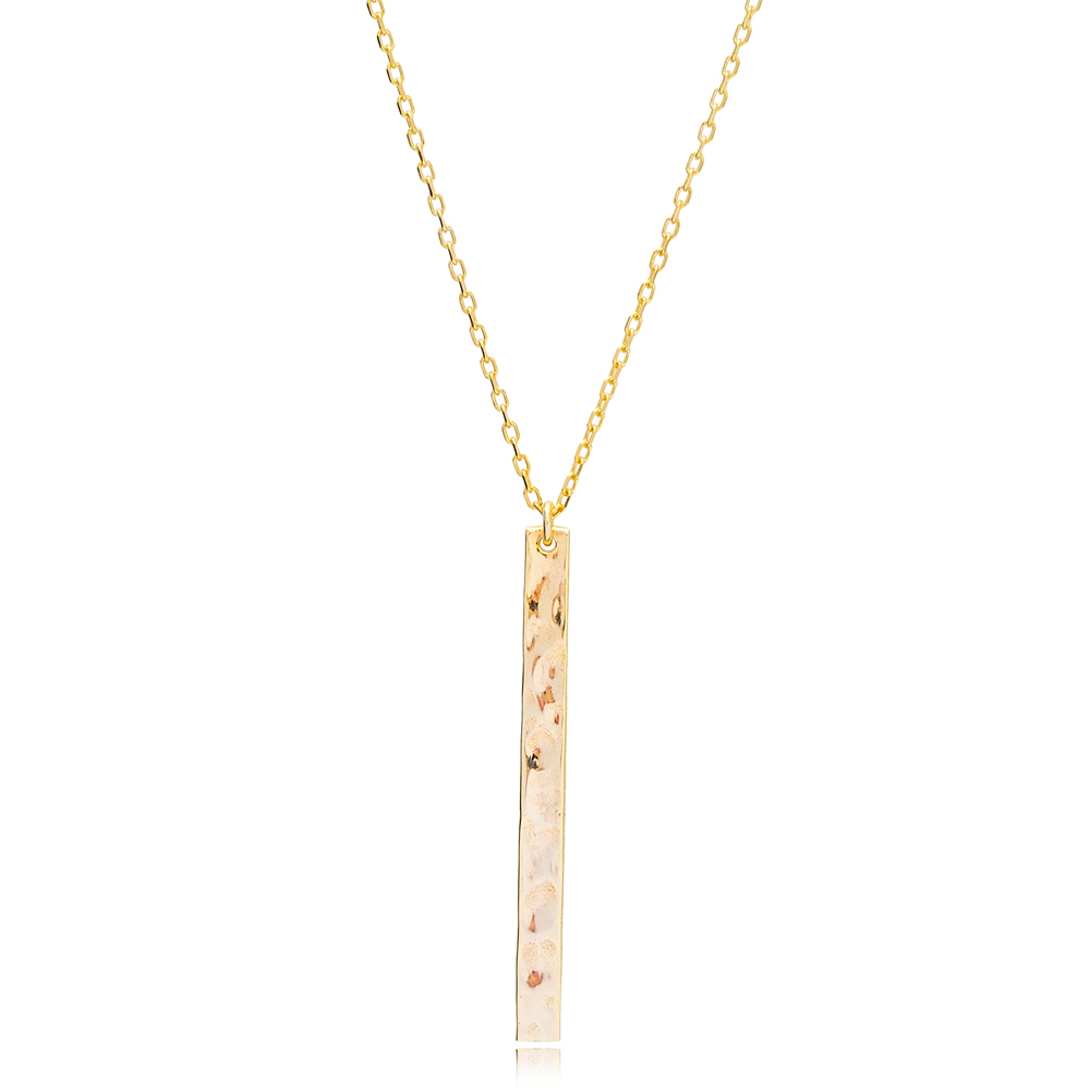 Hammered Vertical Thin Bar Necklace Charm Pendant Turkish Wholesale 925 Sterling Silver Jewelry