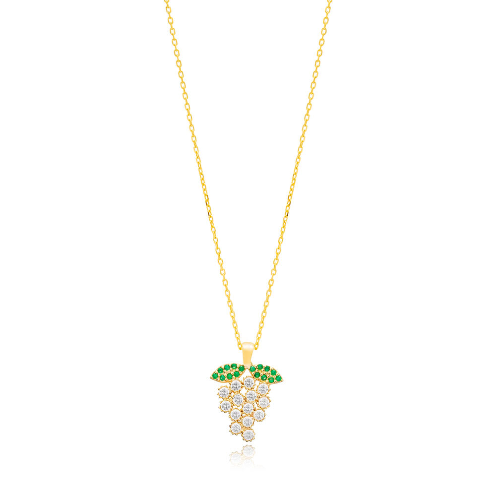Grape Design Zircon Emerald Stone Charm Necklace Pendant 925 Sterling Silver Jewelry