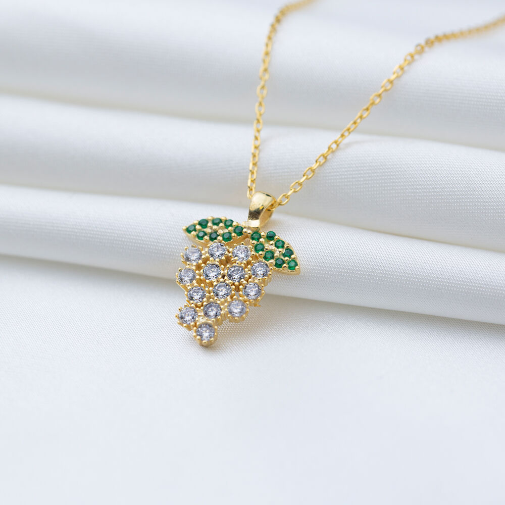 Grape Design Zircon Emerald Stone Charm Necklace Pendant 925 Sterling Silver Jewelry