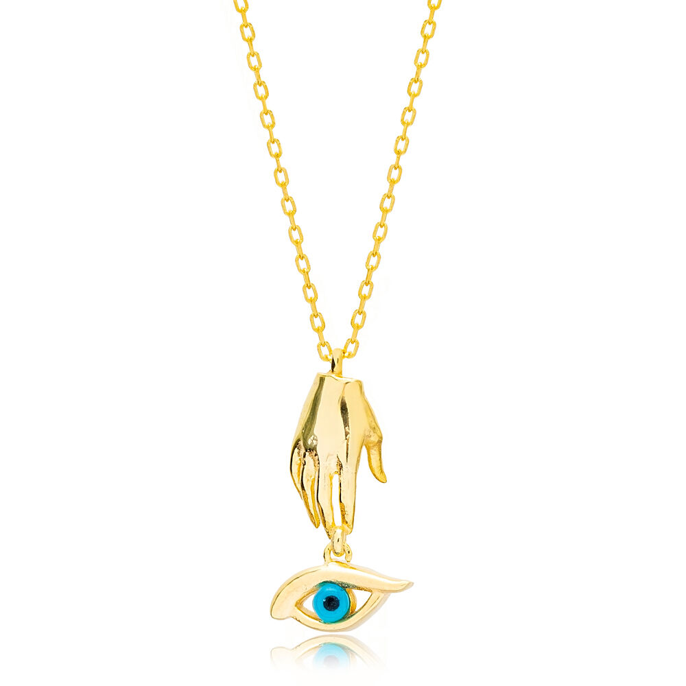 Eye Shape Charm Evil Eye Hand Design Necklace Pendant 925 Sterling Silver Jewelry