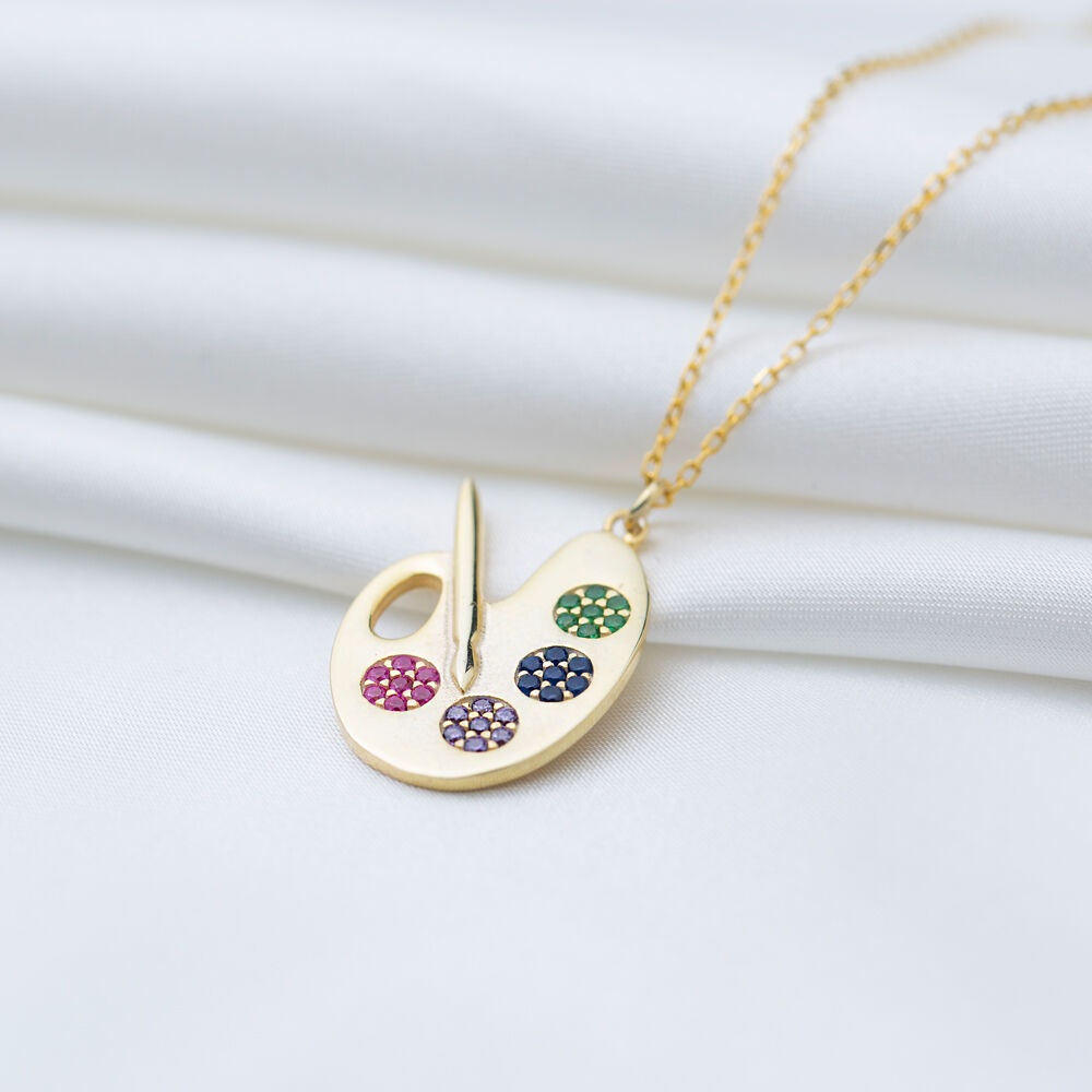 Drawing Palette Design Colorful Stone Charm Necklace Pendant 925 Sterling Silver Jewelry
