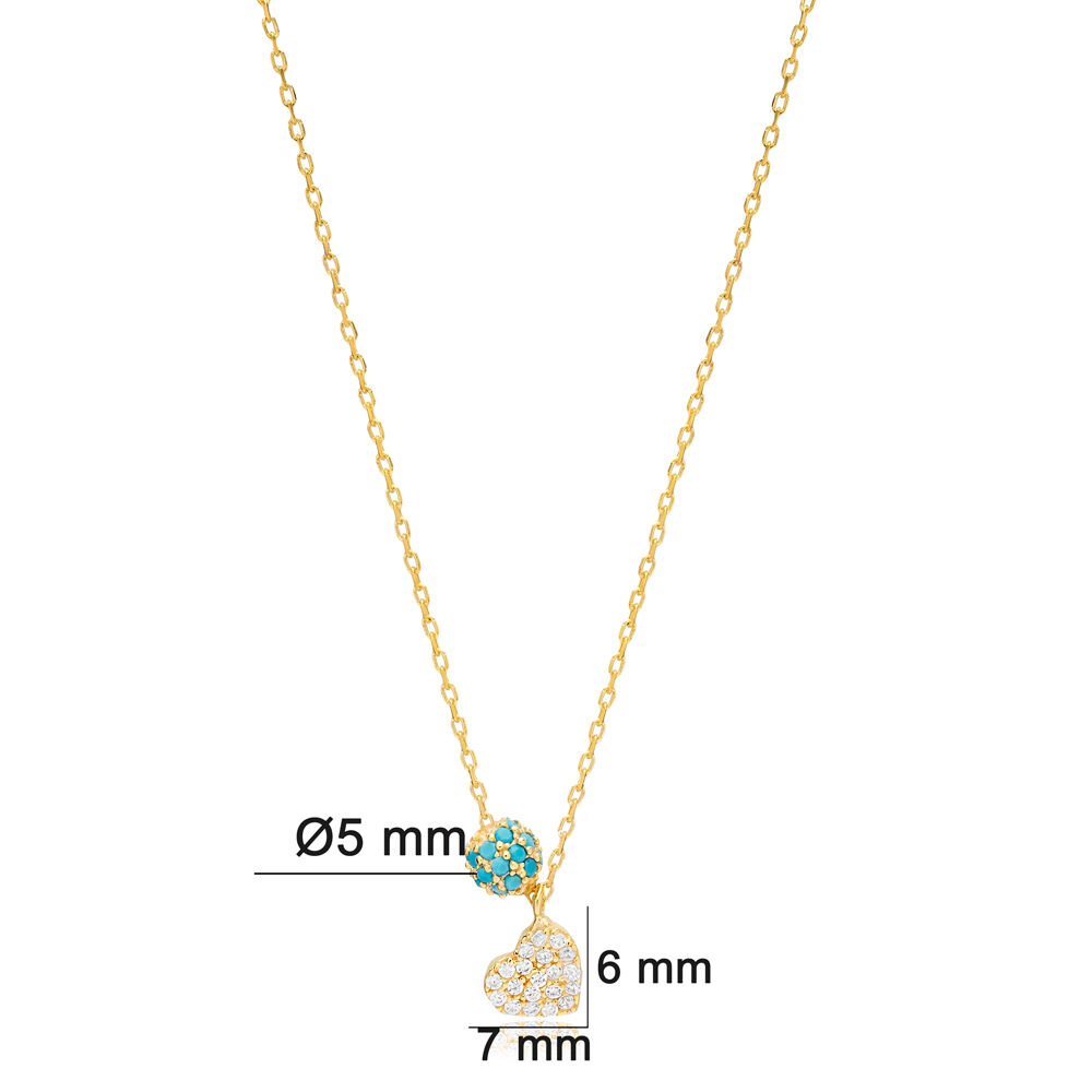 Minimalish Heart Design Turquoise Zircon Stone Charm Necklace Pendant 925 Sterling Silver