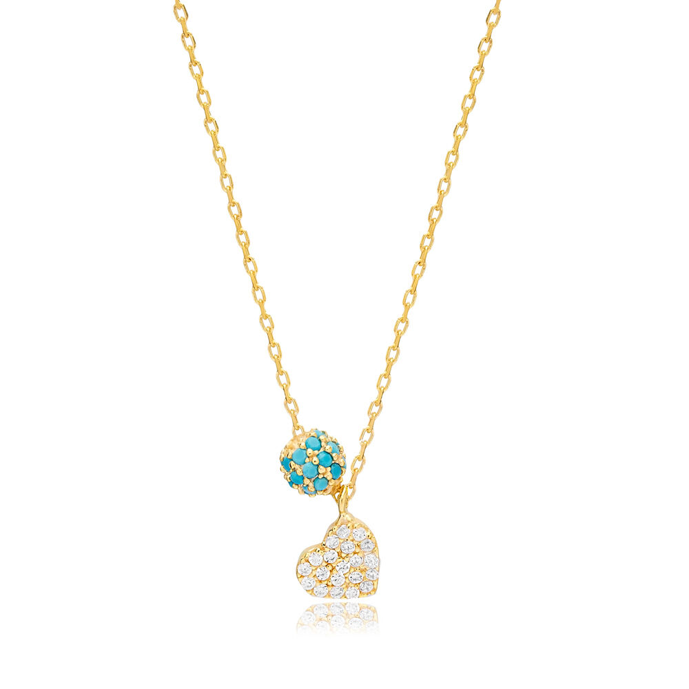 Minimalish Heart Design Turquoise Zircon Stone Charm Necklace Pendant 925 Sterling Silver