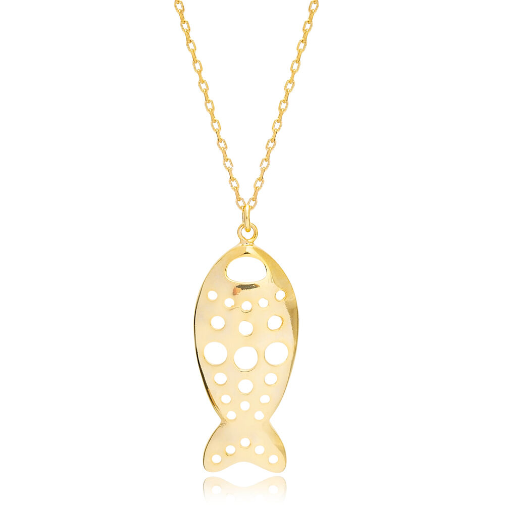 Hole Plain Fish Design Charm Necklace Pendant 925 Turkish Handmade Sterling Silver Jewelry