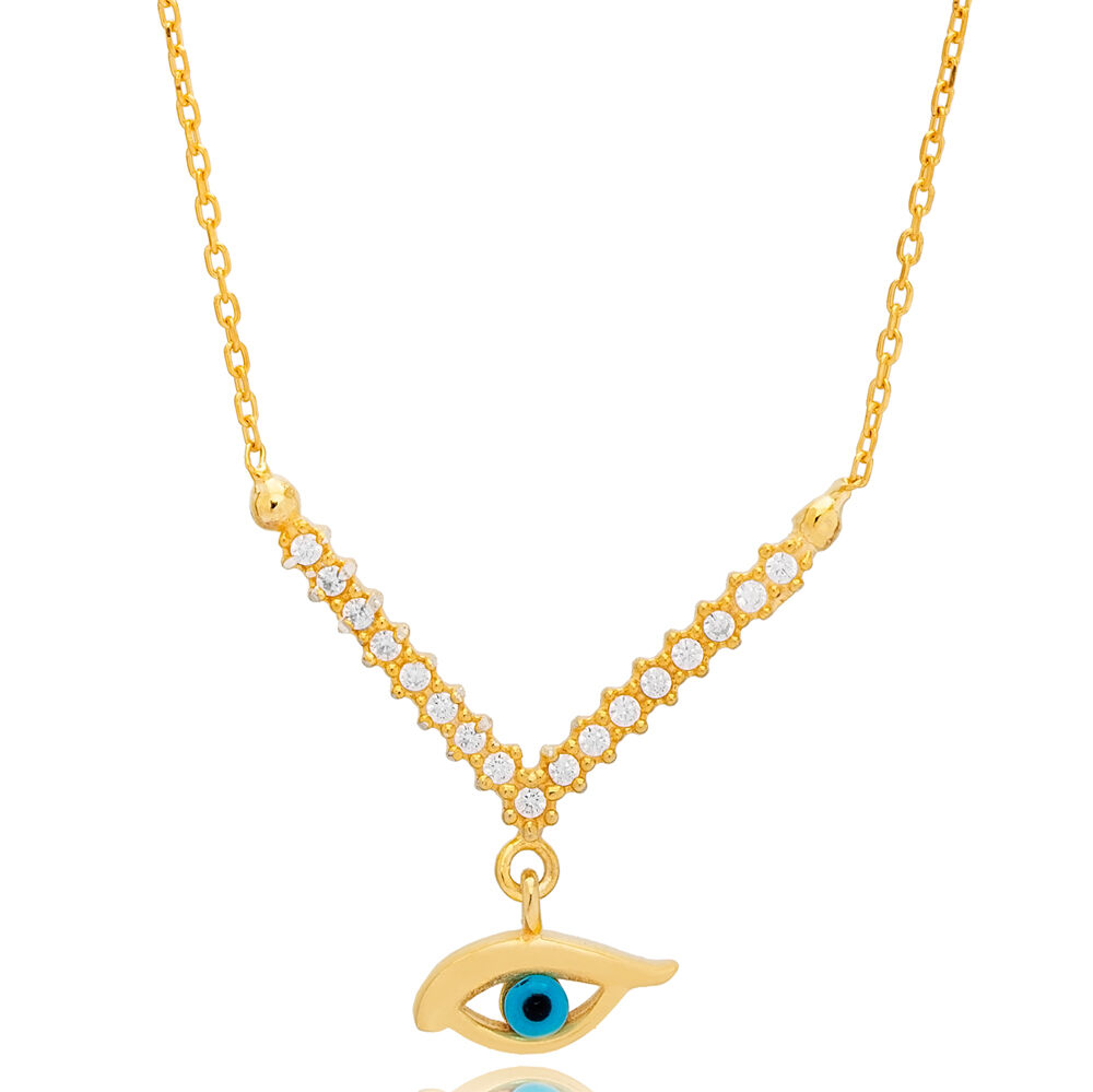 V Design Evil Eye Shape Charm Pendant Turkish Handmade 925 Sterling Silver Jewelry